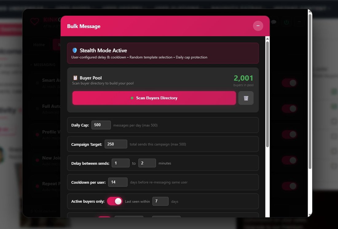 Bulk Message settings showing 2001 buyers in pool with stealth mode and daily caps