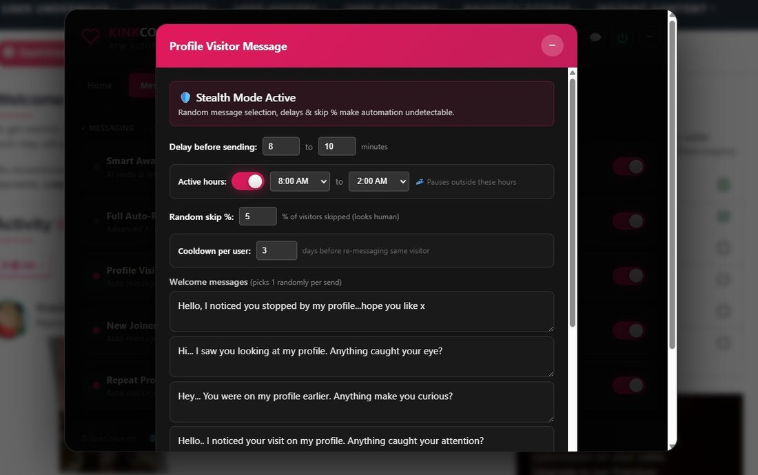 Profile Visitor Message settings with random message templates and active hours