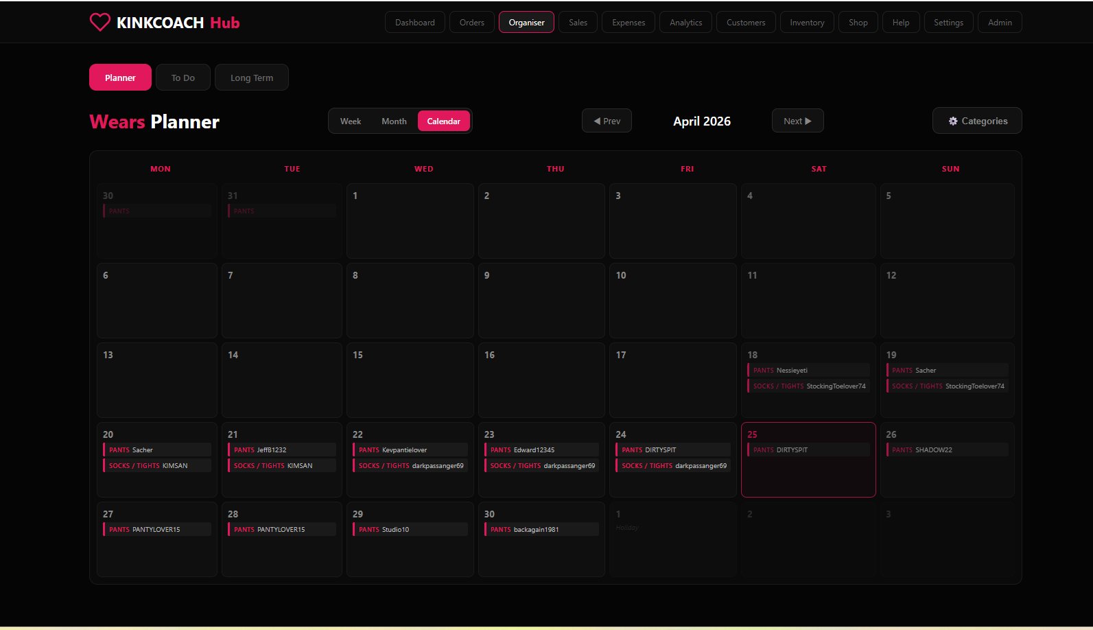 Wears Planner weekly view with categorised columns