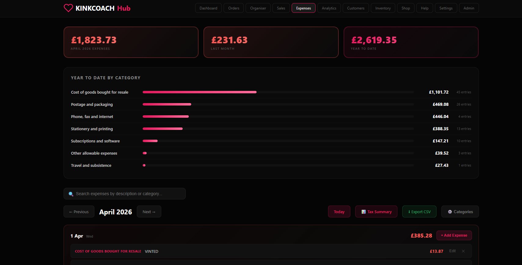 Expenses page with HMRC categories and year-to-date bar chart